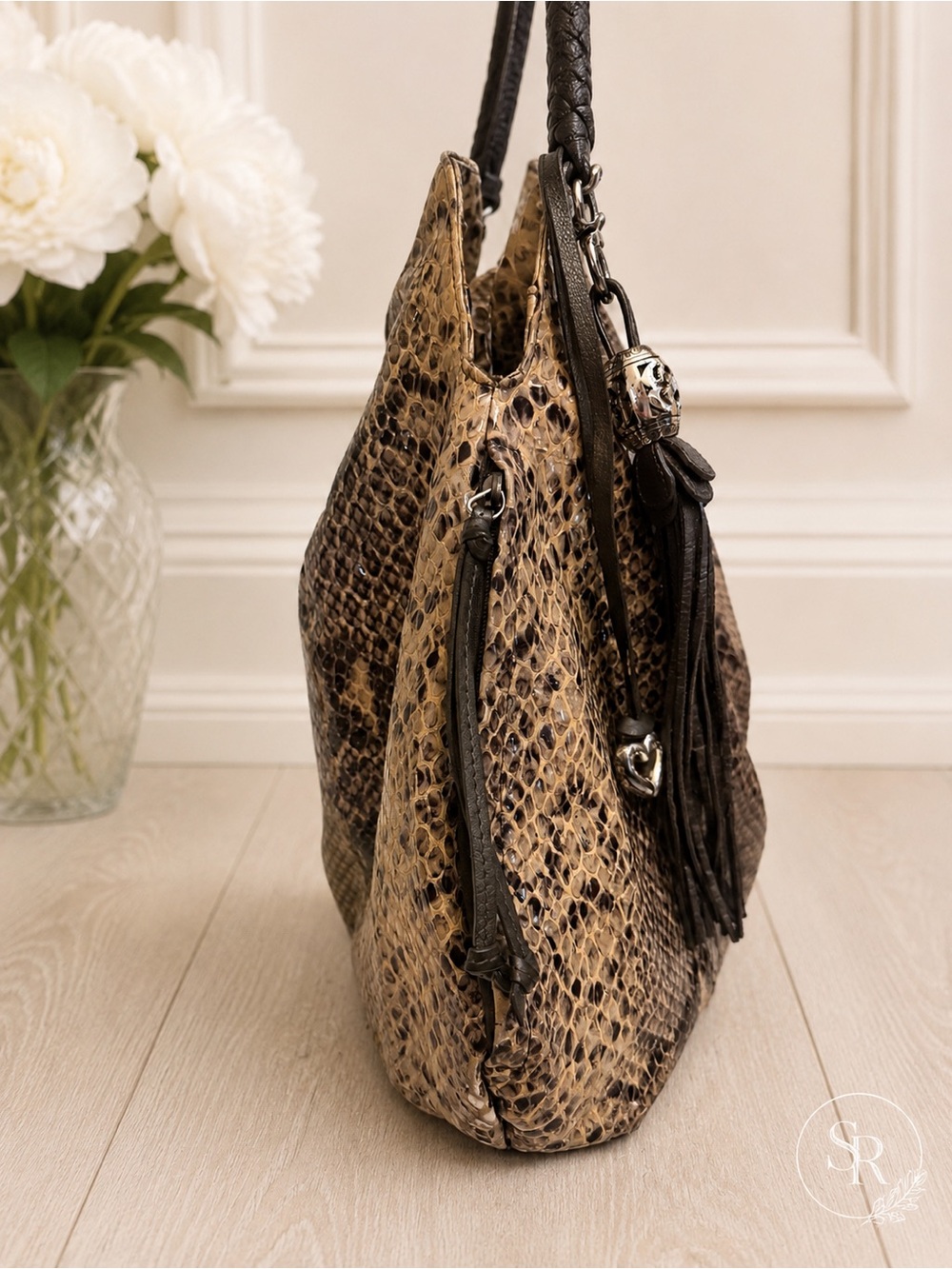 Brighton Nolita Snakeskin Print Leather Hobo Bag Python Tassel Large - Picture 5 of 13